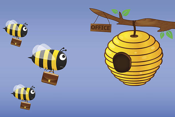 Bee with briefcase flies to work. Vector illustration.